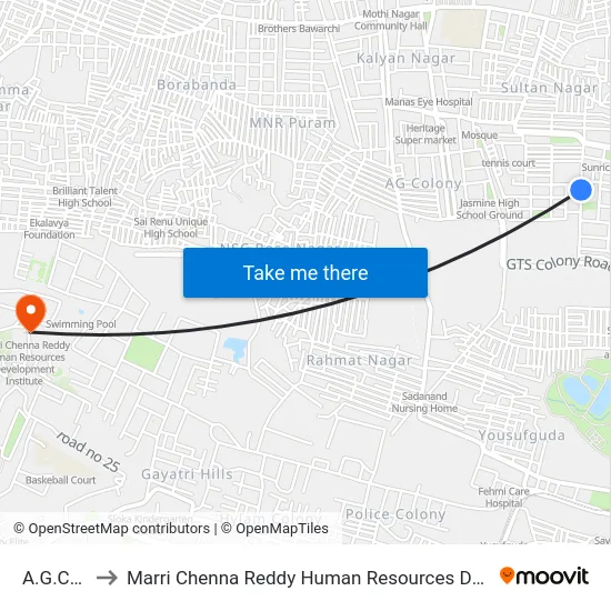 A.G.Colony to Marri Chenna Reddy Human Resources Development Institute map