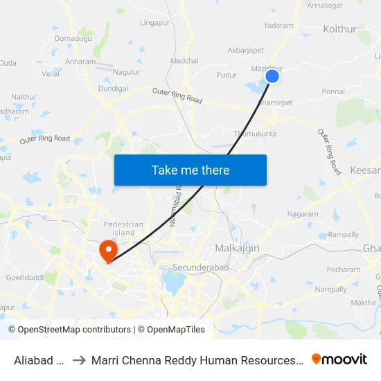 Aliabad X Road to Marri Chenna Reddy Human Resources Development Institute map