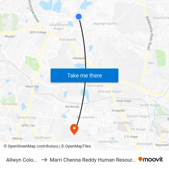 Allwyn Colony Bus Stop to Marri Chenna Reddy Human Resources Development Institute map