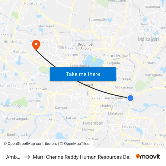 Amberpet to Marri Chenna Reddy Human Resources Development Institute map