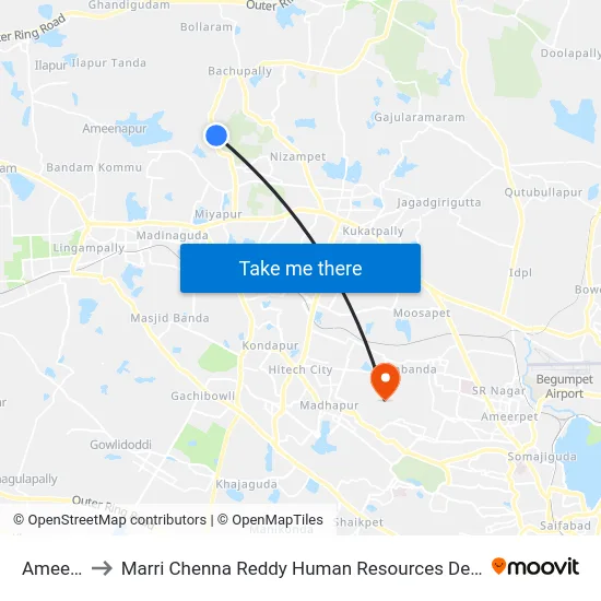 Ameenpur to Marri Chenna Reddy Human Resources Development Institute map
