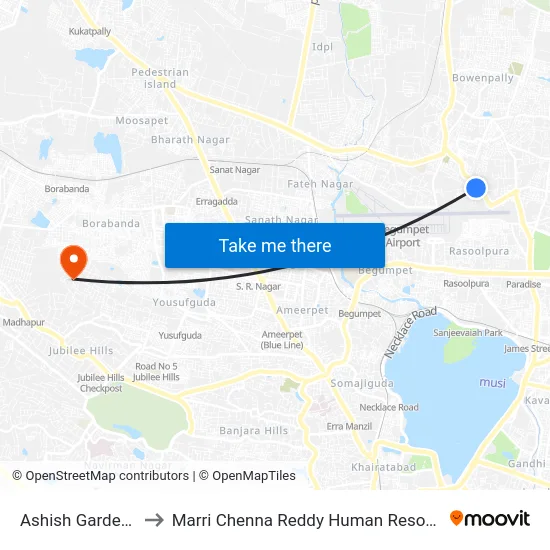 Ashish Garden Bowenpally to Marri Chenna Reddy Human Resources Development Institute map