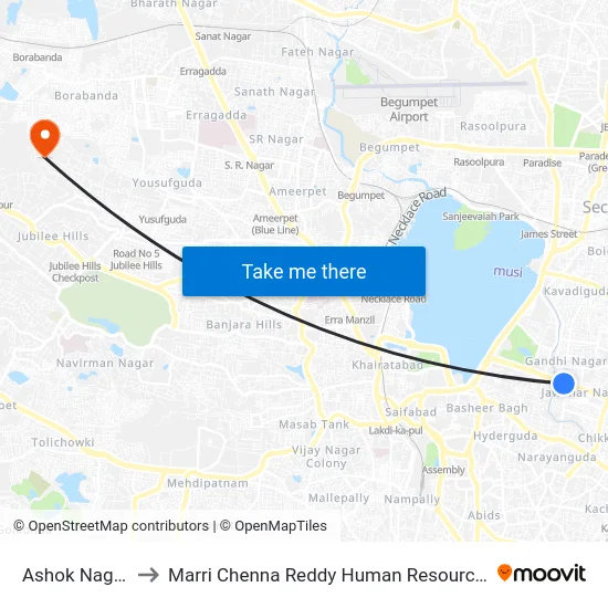 Ashok Nagar X Road to Marri Chenna Reddy Human Resources Development Institute map