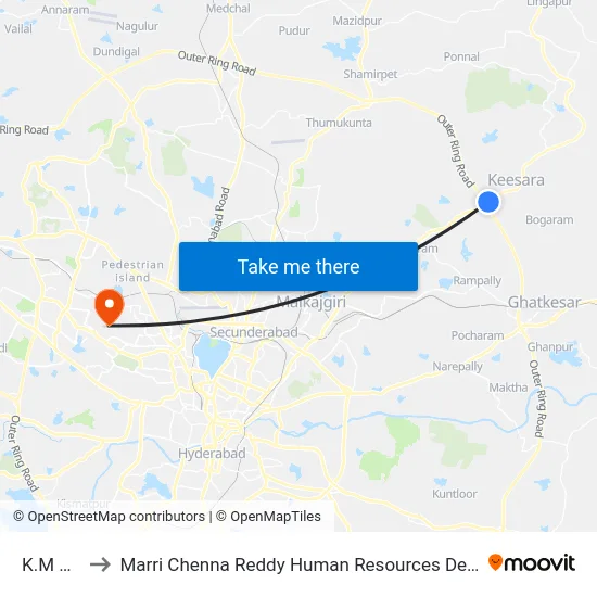 K.M Stone to Marri Chenna Reddy Human Resources Development Institute map