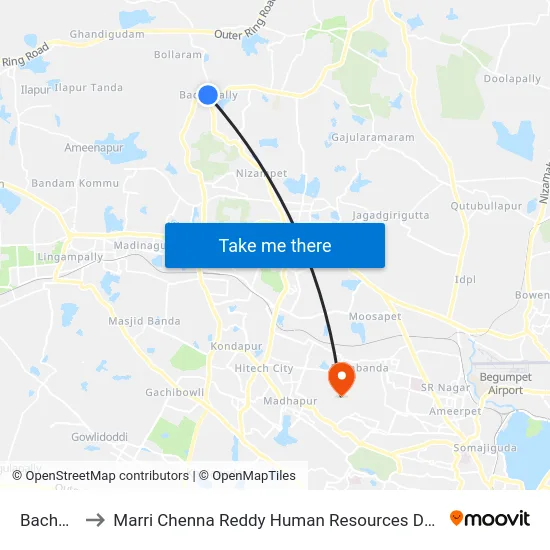 Bachupally to Marri Chenna Reddy Human Resources Development Institute map