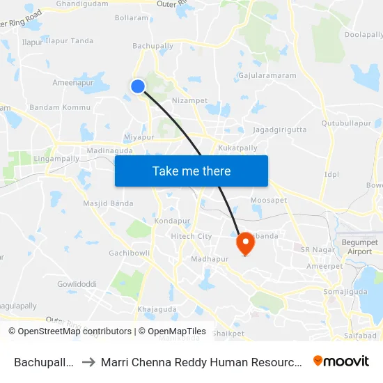 Bachupally X Road to Marri Chenna Reddy Human Resources Development Institute map