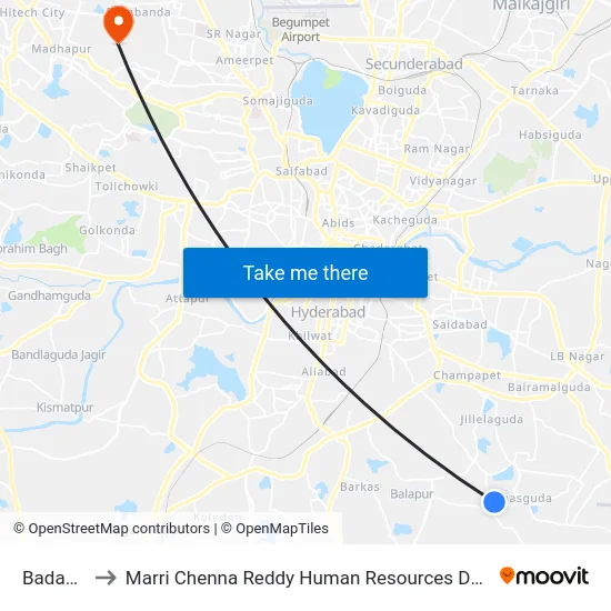 Badangpet to Marri Chenna Reddy Human Resources Development Institute map
