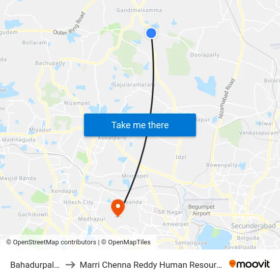 Bahadurpally X Roads to Marri Chenna Reddy Human Resources Development Institute map