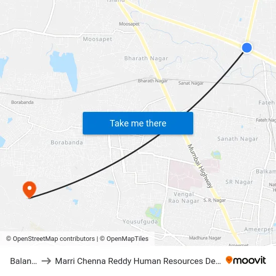 Balanagar to Marri Chenna Reddy Human Resources Development Institute map