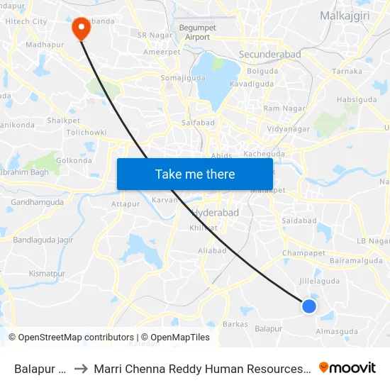 Balapur X Road to Marri Chenna Reddy Human Resources Development Institute map