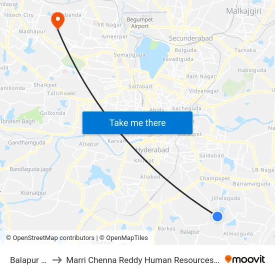 Balapur X Road to Marri Chenna Reddy Human Resources Development Institute map