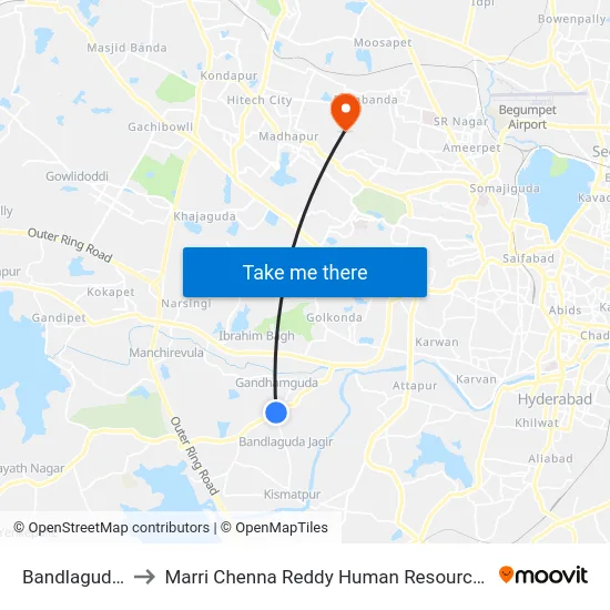 Bandlaguda X Road to Marri Chenna Reddy Human Resources Development Institute map