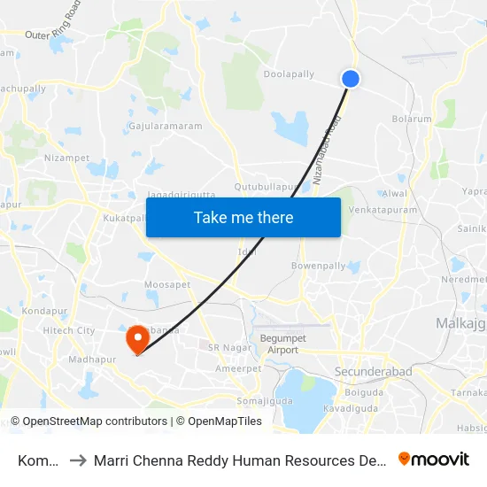Kompally to Marri Chenna Reddy Human Resources Development Institute map