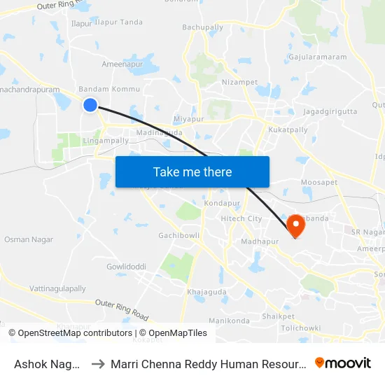 Ashok Nagar (B.H.E.L) to Marri Chenna Reddy Human Resources Development Institute map