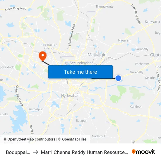 Boduppal X Road to Marri Chenna Reddy Human Resources Development Institute map