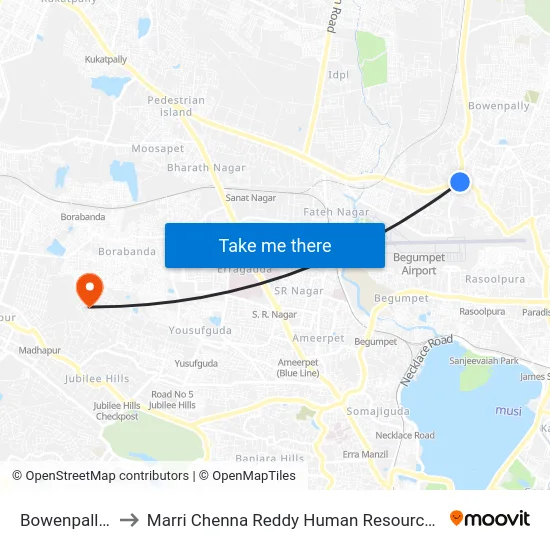 Bowenpally X Road to Marri Chenna Reddy Human Resources Development Institute map