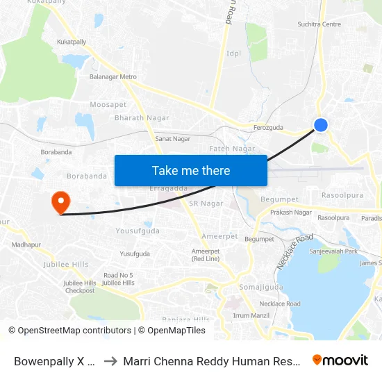 Bowenpally X Road Junction to Marri Chenna Reddy Human Resources Development Institute map