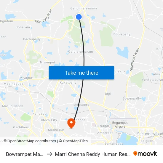 Bowrampet Maisamma Temple to Marri Chenna Reddy Human Resources Development Institute map
