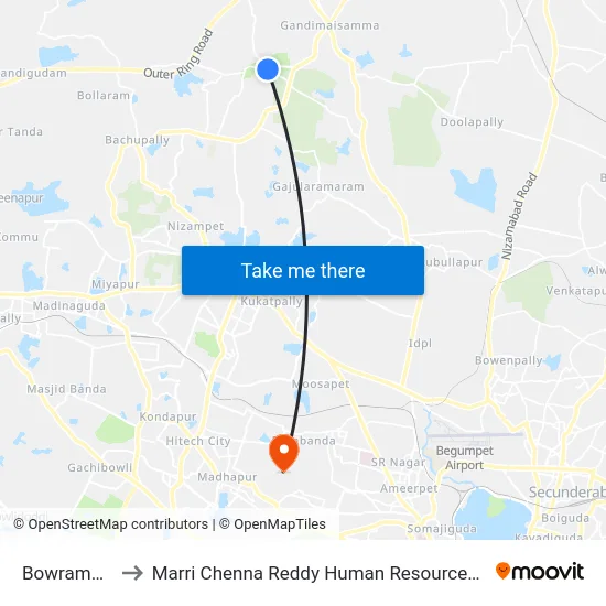 Bowrampet Gate to Marri Chenna Reddy Human Resources Development Institute map