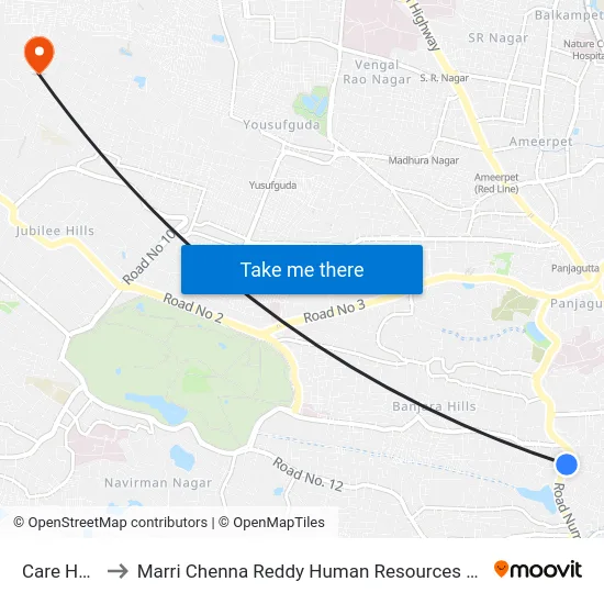 Care Hospital to Marri Chenna Reddy Human Resources Development Institute map