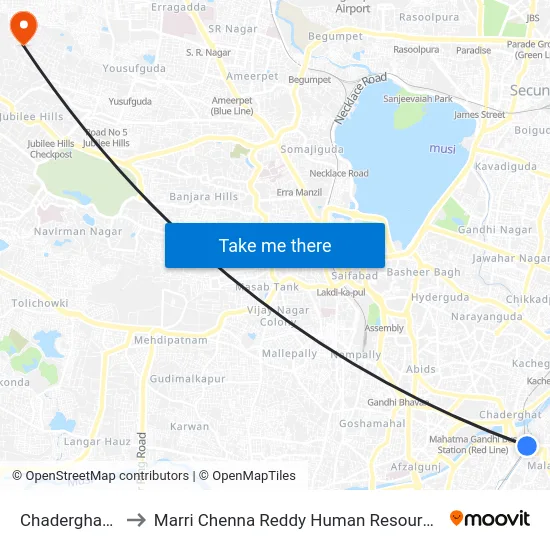 Chaderghat Bus Stop to Marri Chenna Reddy Human Resources Development Institute map