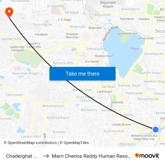 Chaderghat M.C.H Quaters to Marri Chenna Reddy Human Resources Development Institute map