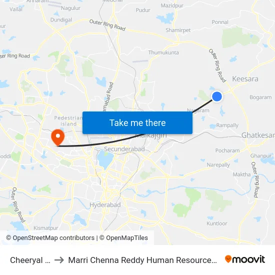 Cheeryal X Road to Marri Chenna Reddy Human Resources Development Institute map