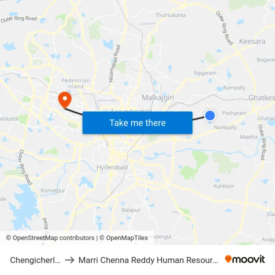 Chengicherla X Roads to Marri Chenna Reddy Human Resources Development Institute map