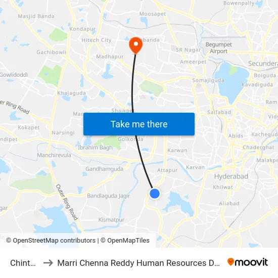 Chintalmet to Marri Chenna Reddy Human Resources Development Institute map