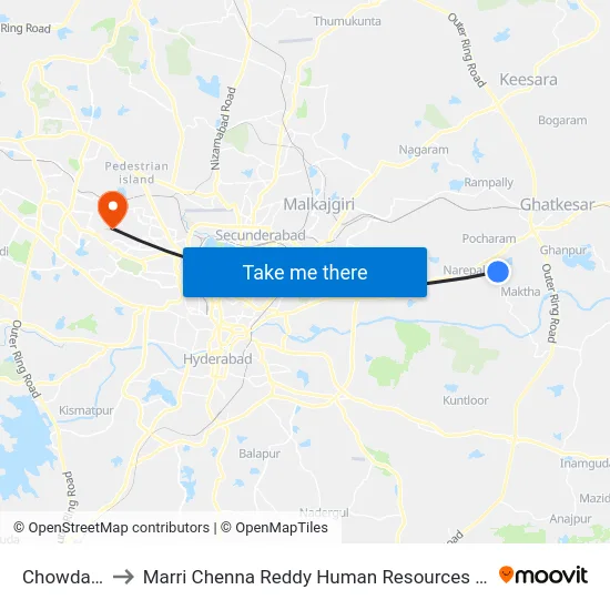 Chowdariguda to Marri Chenna Reddy Human Resources Development Institute map