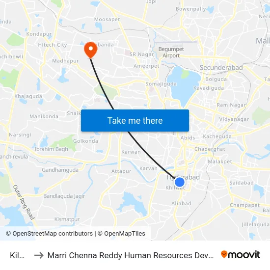 Kilwath to Marri Chenna Reddy Human Resources Development Institute map