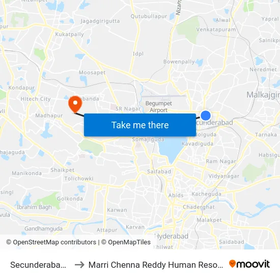 Secunderabad Clock Tower to Marri Chenna Reddy Human Resources Development Institute map
