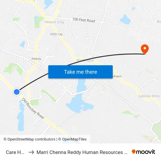 Care Hospital to Marri Chenna Reddy Human Resources Development Institute map
