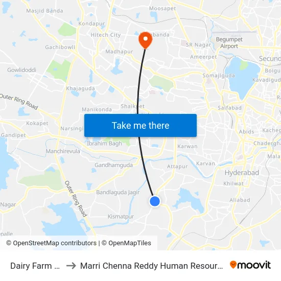 Dairy Farm Upperpally to Marri Chenna Reddy Human Resources Development Institute map