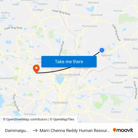 Dammaiguda X Roads to Marri Chenna Reddy Human Resources Development Institute map