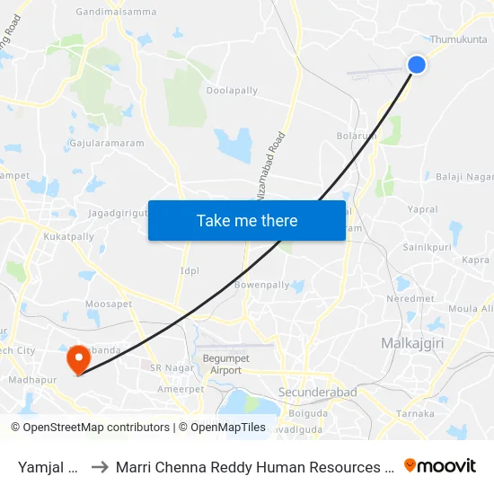 Yamjal X Road to Marri Chenna Reddy Human Resources Development Institute map