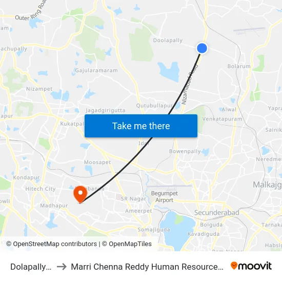 Dolapally X Road to Marri Chenna Reddy Human Resources Development Institute map