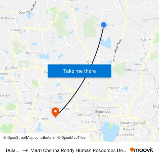 Dulapally to Marri Chenna Reddy Human Resources Development Institute map