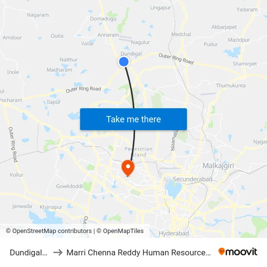 Dundigal X Road to Marri Chenna Reddy Human Resources Development Institute map