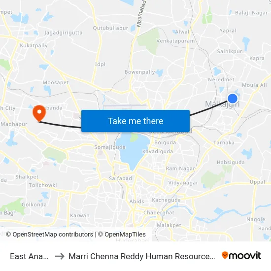 East Anand Bagh to Marri Chenna Reddy Human Resources Development Institute map