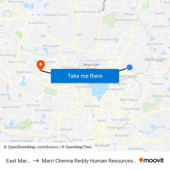 East Maredpally to Marri Chenna Reddy Human Resources Development Institute map