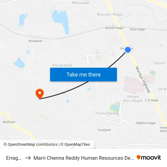 Erragadda to Marri Chenna Reddy Human Resources Development Institute map