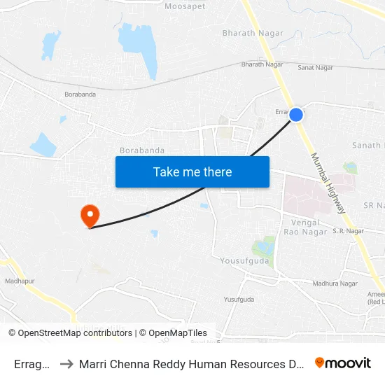 Erragadda to Marri Chenna Reddy Human Resources Development Institute map