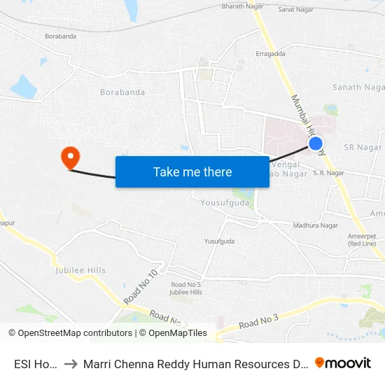ESI Hospital to Marri Chenna Reddy Human Resources Development Institute map