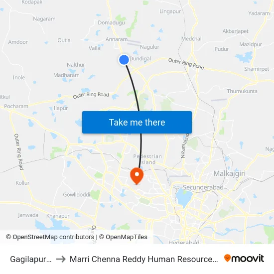 Gagilapur X Road to Marri Chenna Reddy Human Resources Development Institute map