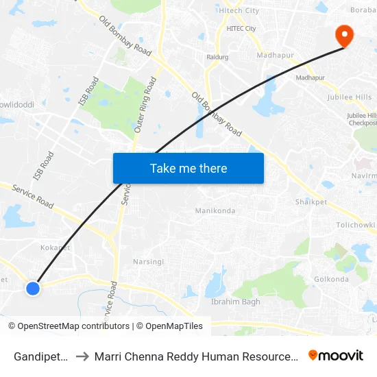 Gandipet X Road to Marri Chenna Reddy Human Resources Development Institute map