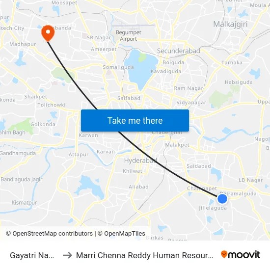 Gayatri Nagar X Road to Marri Chenna Reddy Human Resources Development Institute map