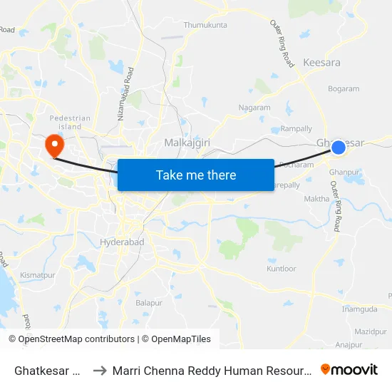 Ghatkesar Bus Station to Marri Chenna Reddy Human Resources Development Institute map