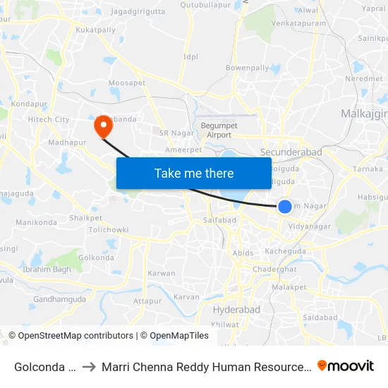 Golconda X Roads to Marri Chenna Reddy Human Resources Development Institute map