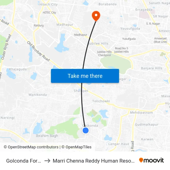 Golconda Fort Bus Station to Marri Chenna Reddy Human Resources Development Institute map